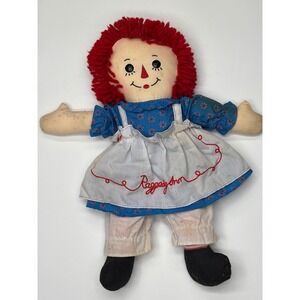 Raggedy Ann Doll Vintage Cloth Fabric Red Yarn Hair Blue Floral Dress Apron